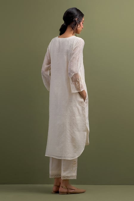 Shop_Anantaa By Roohi_Ivory Chanderi, Organza Embroidery, Sequins, Thread High Low Kurta Pant Set _at_Aza_Fashions
