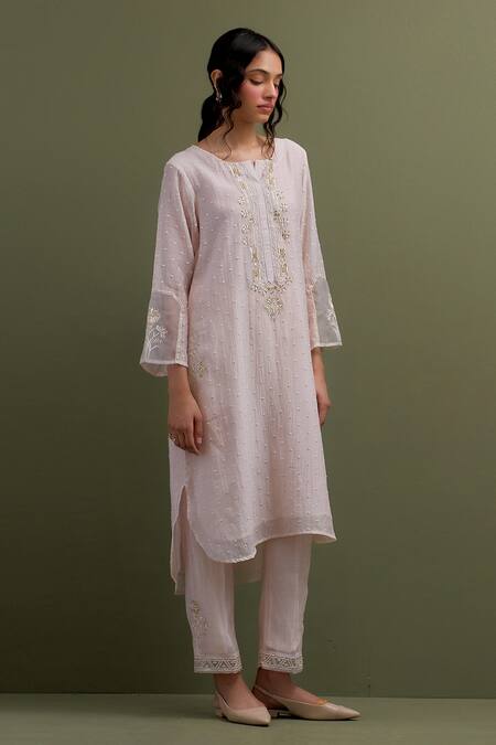 Shop_Anantaa By Roohi_Pink Chanderi Embroidery Resham High Low Kurta With Pant _Online_at_Aza_Fashions