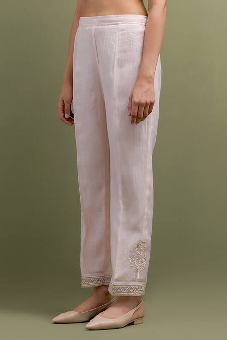 Anantaa By Roohi_Pink Chanderi, Cotton, Organza Embroidery, Resham High Low Kurta Pant Set _Online_at_Aza_Fashions