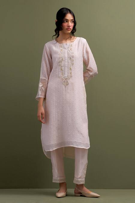 Shop_Anantaa By Roohi_Pink Chanderi, Cotton, Organza Embroidery, Resham High Low Kurta Pant Set _Online_at_Aza_Fashions