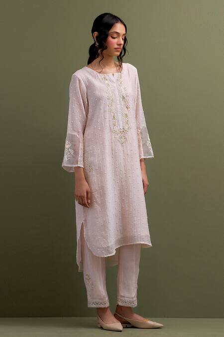 Buy_Anantaa By Roohi_Pink Chanderi, Cotton, Organza Embroidery, Resham High Low Kurta Pant Set 