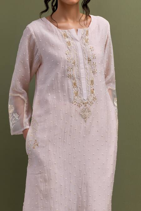Shop_Anantaa By Roohi_Pink Chanderi, Cotton, Organza Embroidery, Resham High Low Kurta Pant Set 