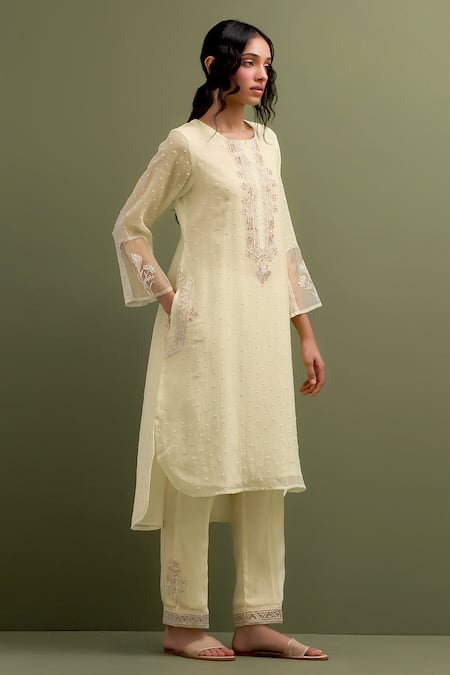 Shop_Anantaa By Roohi_Yellow Chanderi Embroidery Split V-neck Floral High Low Kurta With Pant _Online_at_Aza_Fashions