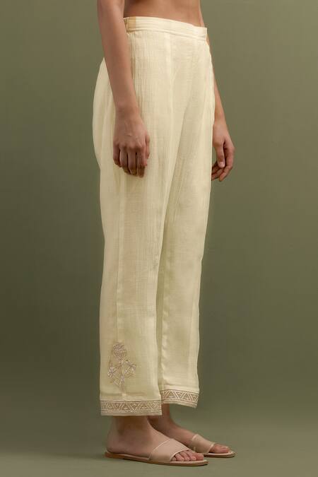 Anantaa By Roohi Yellow Chanderi Embroidery, Sequins Collared Floral High Low Kurta Pant Set Online at Aza Fashions Anantaa By Roohi_Yellow Chanderi Embroidery, Sequins Collared Floral High Low Kurta Pant Set _Online_at_Aza_Fashions