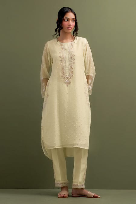 Buy Anantaa By Roohi Yellow Chanderi Embroidery, Sequins Collared Floral High Low Kurta Pant Set Online at Aza Fashions Buy_Anantaa By Roohi_Yellow Chanderi Embroidery, Sequins Collared Floral High Low Kurta Pant Set _Online_at_Aza_Fashions