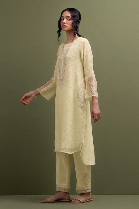 Shop Anantaa By Roohi Yellow Chanderi Embroidery, Sequins Collared Floral High Low Kurta Pant Set Online at Aza Fashions Shop_Anantaa By Roohi_Yellow Chanderi Embroidery, Sequins Collared Floral High Low Kurta Pant Set _Online_at_Aza_Fashions