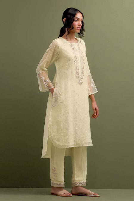 Anantaa By Roohi Yellow Chanderi Embroidery, Sequins Collared Floral High Low Kurta Pant Set at Aza Fashions Anantaa By Roohi_Yellow Chanderi Embroidery, Sequins Collared Floral High Low Kurta Pant Set _at_Aza_Fashions