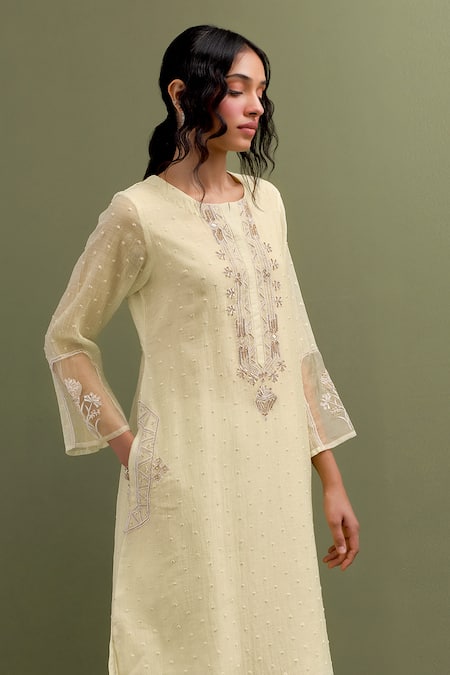 Buy Anantaa By Roohi Yellow Chanderi Embroidery, Sequins Collared Floral High Low Kurta Pant Set Buy_Anantaa By Roohi_Yellow Chanderi Embroidery, Sequins Collared Floral High Low Kurta Pant Set