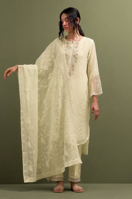 Shop Anantaa By Roohi Yellow Chanderi Embroidery, Sequins Collared Floral High Low Kurta Pant Set Shop_Anantaa By Roohi_Yellow Chanderi Embroidery, Sequins Collared Floral High Low Kurta Pant Set