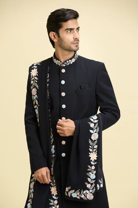 Buy_Arihant Rai Sinha_Black Silk, Viscose Embroidery Floral Bandhgala And Pant Set_Online_at_Aza_Fashions