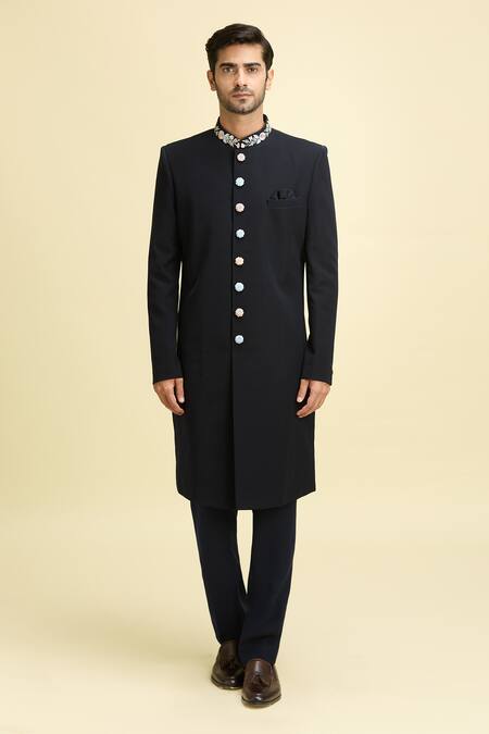 Shop_Arihant Rai Sinha_Black Silk, Viscose Embroidery Floral Bandhgala And Pant Set_Online_at_Aza_Fashions