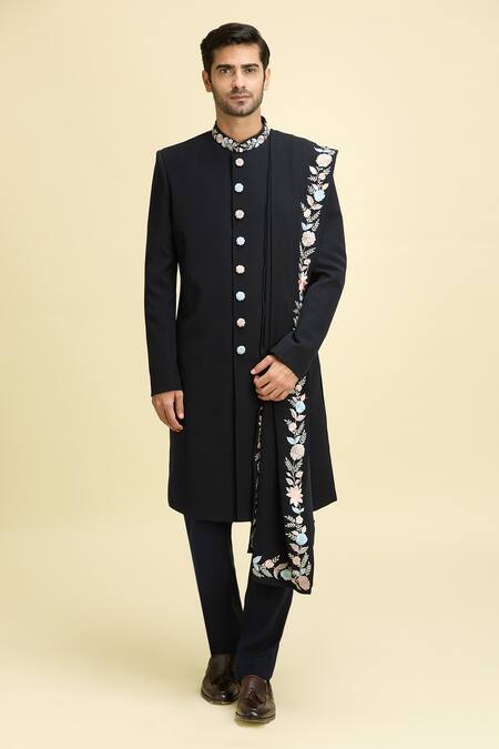 Arihant Rai Sinha_Black Silk, Viscose Embroidery Floral Bandhgala And Pant Set_at_Aza_Fashions