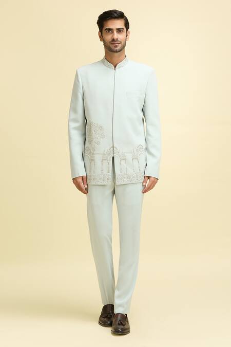 Arihant Rai Sinha Blue Silk, Viscose Sequins, Embroidery Floral Bandhgala And Pant Set Online at Aza Fashions Arihant Rai Sinha_Blue Silk, Viscose Sequins, Embroidery Floral Bandhgala And Pant Set_Online_at_Aza_Fashions