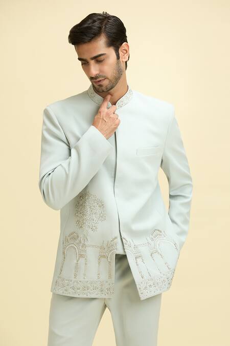 Shop Arihant Rai Sinha Blue Silk, Viscose Sequins, Embroidery Floral Bandhgala And Pant Set Online at Aza Fashions Shop_Arihant Rai Sinha_Blue Silk, Viscose Sequins, Embroidery Floral Bandhgala And Pant Set_Online_at_Aza_Fashions