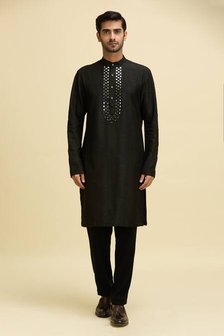 Arihant Rai Sinha_Black Silk, Viscose Mirrors Embroidered Placket Kurta And Pant Set_Online_at_Aza_Fashions