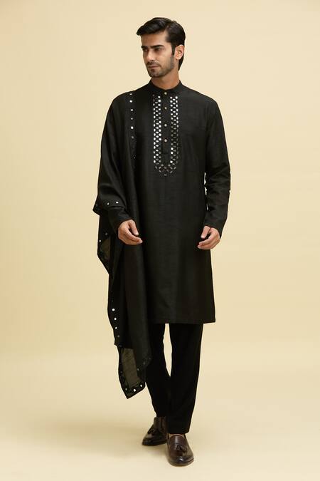 Buy_Arihant Rai Sinha_Black Silk, Viscose Mirrors Embroidered Placket Kurta And Pant Set_Online_at_Aza_Fashions