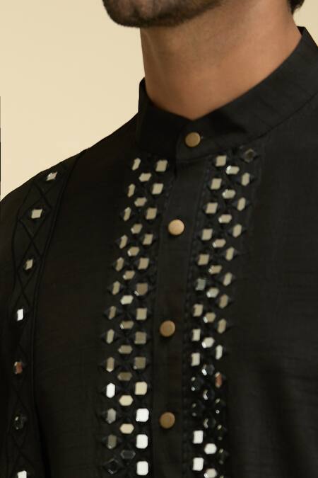 Arihant Rai Sinha_Black Silk, Viscose Mirrors Embroidered Placket Kurta And Pant Set_at_Aza_Fashions