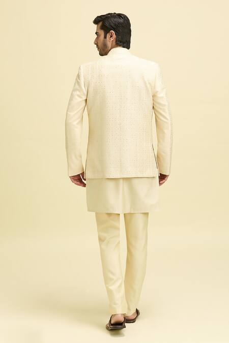 Shop Arihant Rai Sinha Beige Silk Organza, Silk, Viscose Embroidered Kurta Set With Nehru Jacket at Aza Fashions Shop_Arihant Rai Sinha_Beige Silk Organza, Silk, Viscose Embroidered Kurta Set With Nehru Jacket_at_Aza_Fashions