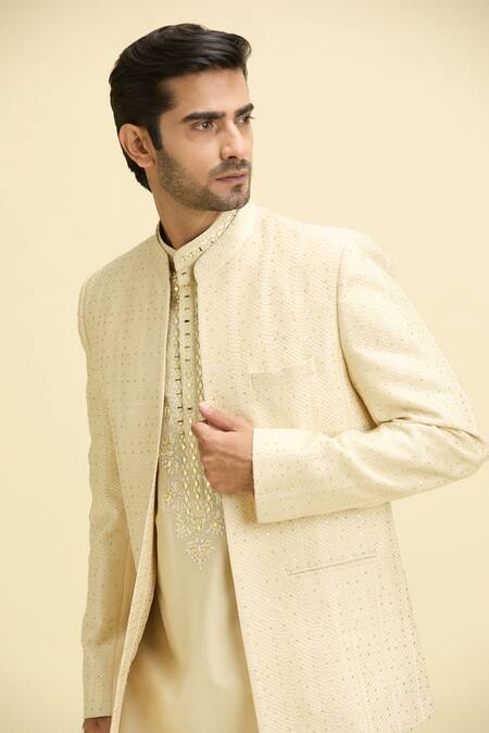 Arihant Rai Sinha Beige Silk Organza, Silk, Viscose Embroidered Kurta Set With Nehru Jacket Online at Aza Fashions Arihant Rai Sinha_Beige Silk Organza, Silk, Viscose Embroidered Kurta Set With Nehru Jacket_Online_at_Aza_Fashions