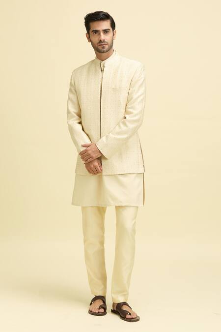 Shop Arihant Rai Sinha Beige Silk Organza, Silk, Viscose Embroidered Kurta Set With Nehru Jacket Online at Aza Fashions Shop_Arihant Rai Sinha_Beige Silk Organza, Silk, Viscose Embroidered Kurta Set With Nehru Jacket_Online_at_Aza_Fashions