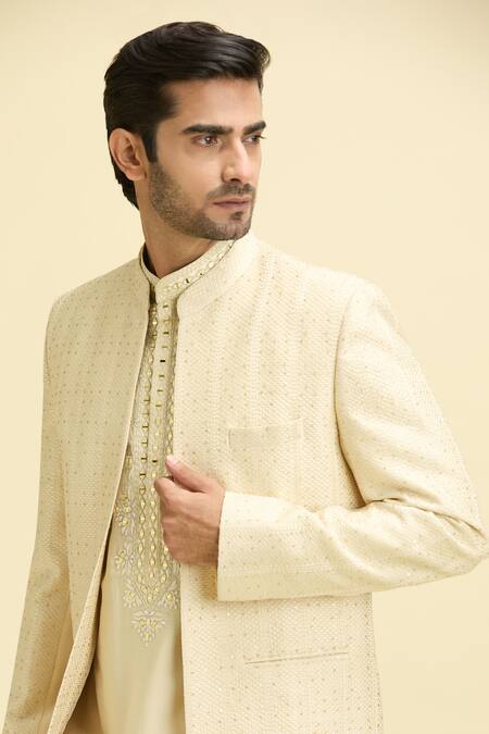 Arihant Rai Sinha Beige Silk Organza, Silk, Viscose Embroidered Kurta Set With Nehru Jacket at Aza Fashions Arihant Rai Sinha_Beige Silk Organza, Silk, Viscose Embroidered Kurta Set With Nehru Jacket_at_Aza_Fashions