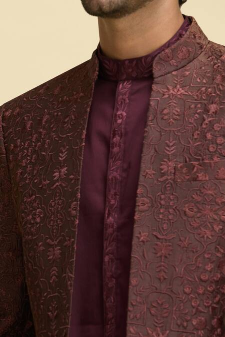 Shop_Arihant Rai Sinha_Maroon Silk, Viscose Embroidery Nehru Jacket And Kurta Set_Online_at_Aza_Fashions