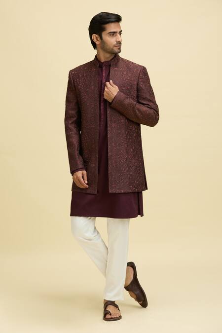 Arihant Rai Sinha_Maroon Silk, Viscose Embroidery Nehru Jacket And Kurta Set_at_Aza_Fashions