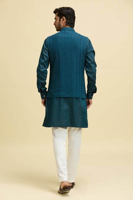 Shop Arihant Rai Sinha Blue Silk, Viscose Embroidery Geometric Nehru Jacket And Kurta Set at Aza Fashions Shop_Arihant Rai Sinha_Blue Silk, Viscose Embroidery Geometric Nehru Jacket And Kurta Set_at_Aza_Fashions