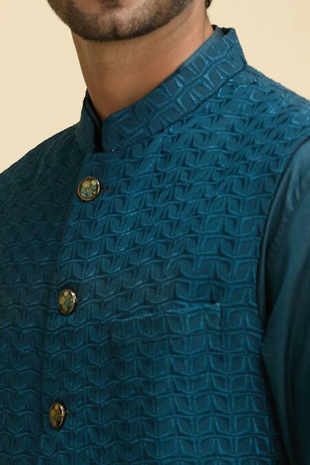 Arihant Rai Sinha Blue Silk, Viscose Embroidery Geometric Nehru Jacket And Kurta Set Online at Aza Fashions Arihant Rai Sinha_Blue Silk, Viscose Embroidery Geometric Nehru Jacket And Kurta Set_Online_at_Aza_Fashions