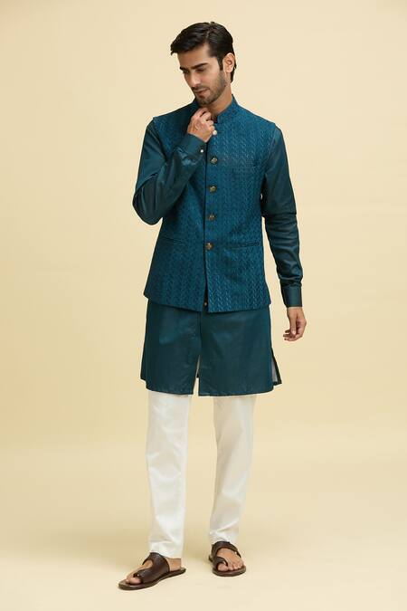 Buy Arihant Rai Sinha Blue Silk, Viscose Embroidery Geometric Nehru Jacket And Kurta Set Online at Aza Fashions Buy_Arihant Rai Sinha_Blue Silk, Viscose Embroidery Geometric Nehru Jacket And Kurta Set_Online_at_Aza_Fashions