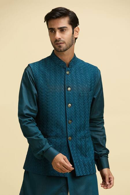 Shop Arihant Rai Sinha Blue Silk, Viscose Embroidery Geometric Nehru Jacket And Kurta Set Online at Aza Fashions Shop_Arihant Rai Sinha_Blue Silk, Viscose Embroidery Geometric Nehru Jacket And Kurta Set_Online_at_Aza_Fashions