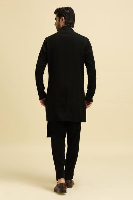 Shop_Arihant Rai Sinha_Black Silk, Viscose Asymmetric Zipper Bandhgala_at_Aza_Fashions