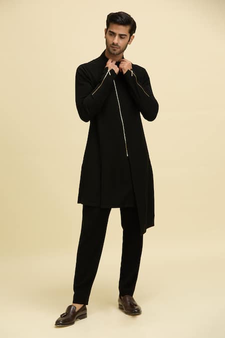 Arihant Rai Sinha_Black Silk, Viscose Asymmetric Zipper Bandhgala_Online_at_Aza_Fashions