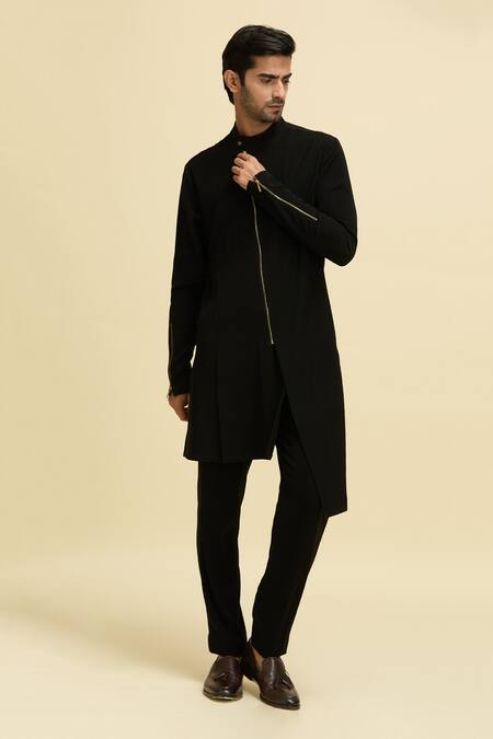 Buy_Arihant Rai Sinha_Black Silk, Viscose Asymmetric Zipper Bandhgala_Online_at_Aza_Fashions