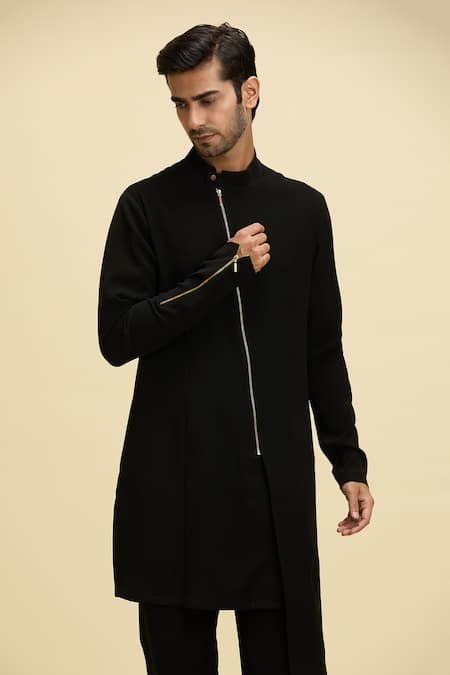 Shop_Arihant Rai Sinha_Black Silk, Viscose Asymmetric Zipper Bandhgala_Online_at_Aza_Fashions