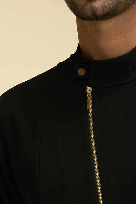 Arihant Rai Sinha_Black Silk, Viscose Asymmetric Zipper Bandhgala_at_Aza_Fashions