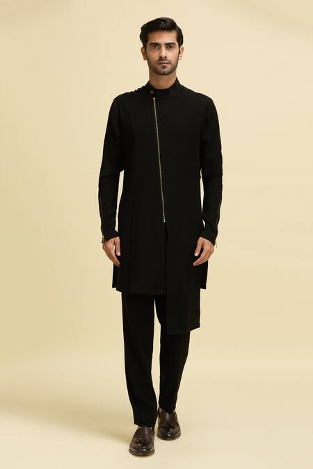 Buy_Arihant Rai Sinha_Black Silk, Viscose Asymmetric Zipper Bandhgala