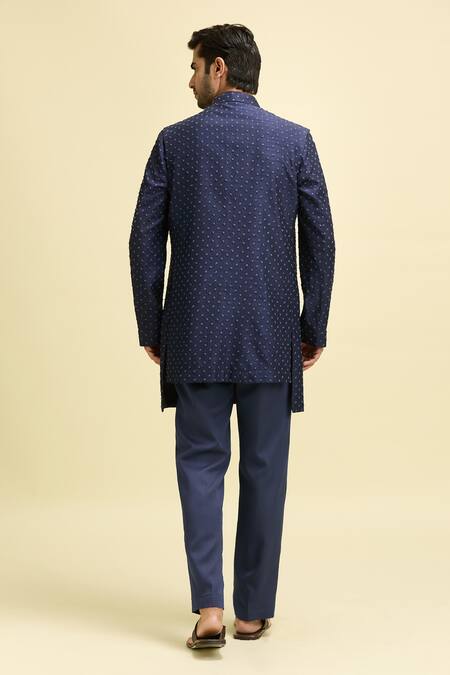 Shop Arihant Rai Sinha Blue Silk, Viscose Embroidery Thread Nehru Jacket Set at Aza Fashions Shop_Arihant Rai Sinha_Blue Silk, Viscose Embroidery Thread Nehru Jacket Set_at_Aza_Fashions