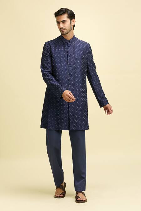 Shop Arihant Rai Sinha Blue Silk, Viscose Embroidery Thread Nehru Jacket Set Online at Aza Fashions Shop_Arihant Rai Sinha_Blue Silk, Viscose Embroidery Thread Nehru Jacket Set_Online_at_Aza_Fashions