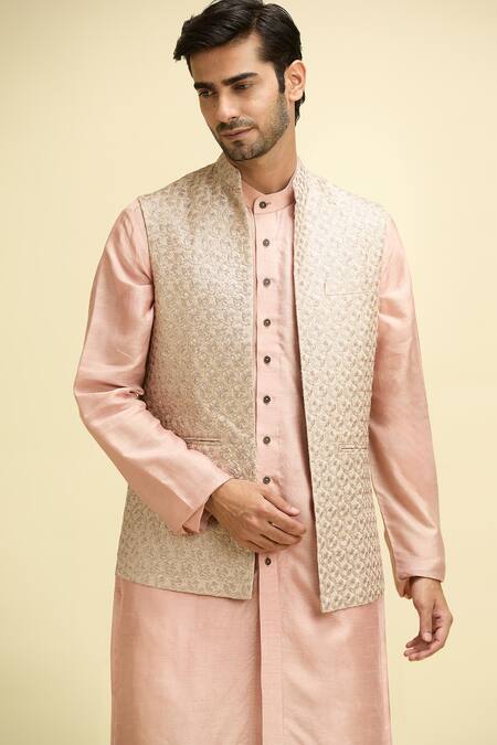 Shop_Arihant Rai Sinha_Pink Silk, Viscose Embroidery Floral Geometric Bundi Set_Online_at_Aza_Fashions