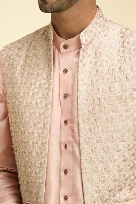 Arihant Rai Sinha_Pink Silk, Viscose Embroidery Floral Geometric Bundi Set_at_Aza_Fashions