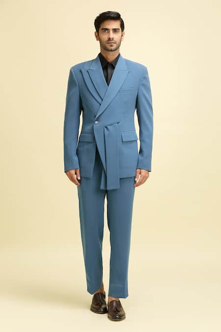 Arihant Rai Sinha_Blue Silk, Viscose Asymmetric Suit Set_Online_at_Aza_Fashions