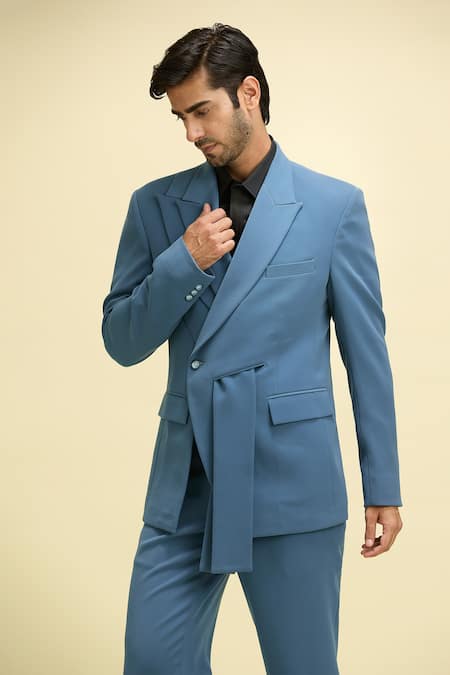 Shop_Arihant Rai Sinha_Blue Silk, Viscose Asymmetric Suit Set_Online_at_Aza_Fashions