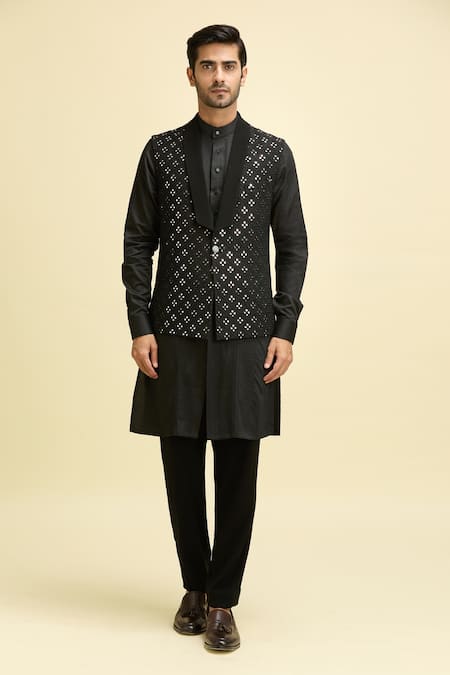 Shop_Arihant Rai Sinha_Black Silk, Viscose Mirrors Embroidered Nehru Jacket And Kurta _Online_at_Aza_Fashions
