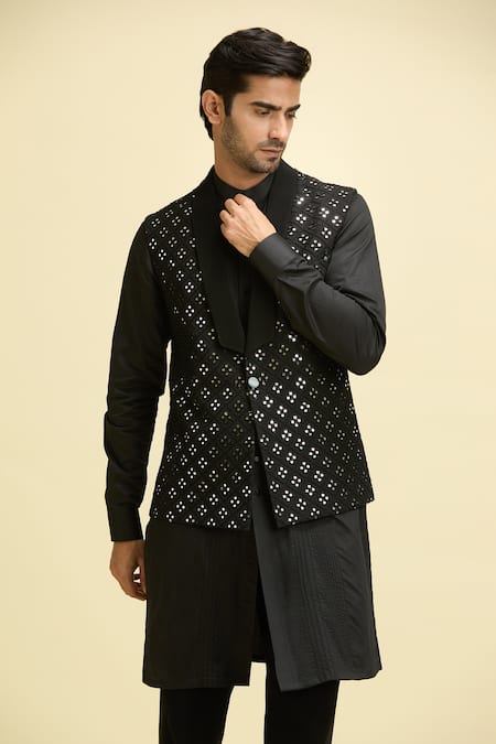 Arihant Rai Sinha_Black Silk, Viscose Mirrors Embroidered Nehru Jacket And Kurta _at_Aza_Fashions
