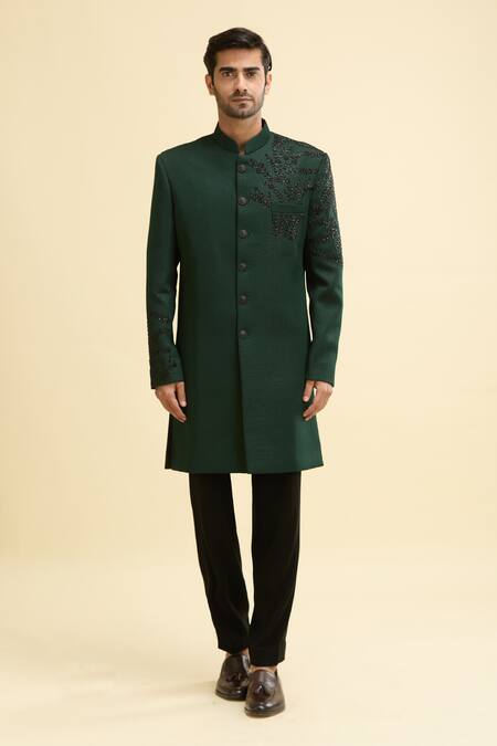 Arihant Rai Sinha Green Silk, Viscose Embroidery Floral Vine Sherwani Online at Aza Fashions Arihant Rai Sinha_Green Silk, Viscose Embroidery Floral Vine Sherwani_Online_at_Aza_Fashions