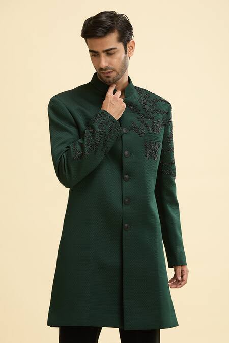 Shop Arihant Rai Sinha Green Silk, Viscose Embroidery Floral Vine Sherwani Online at Aza Fashions Shop_Arihant Rai Sinha_Green Silk, Viscose Embroidery Floral Vine Sherwani_Online_at_Aza_Fashions