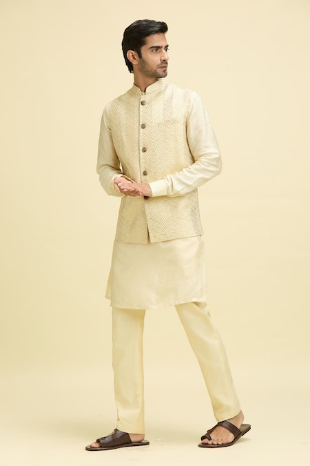 Aryavir Malhotra Geometric Thread Embroidered Nehru Jacket With Kurta 