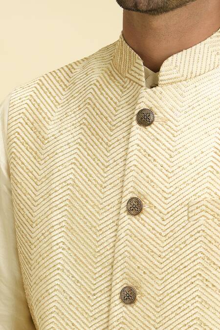 Buy_Arihant Rai Sinha_Beige Silk, Viscose Sequins, Embroidery Geometric Thread Nehru Jacket Set_Online_at_Aza_Fashions