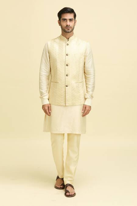 Shop_Arihant Rai Sinha_Beige Silk, Viscose Sequins, Embroidery Geometric Thread Nehru Jacket Set_Online_at_Aza_Fashions